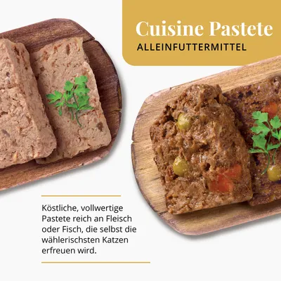 Cuisine Pastete Alleinfuttermittel. Köstliche, vollwertige Pastete reich an Fleisch oder Fisch, die selbst die wählerischsten Katzen erfreuen wird.