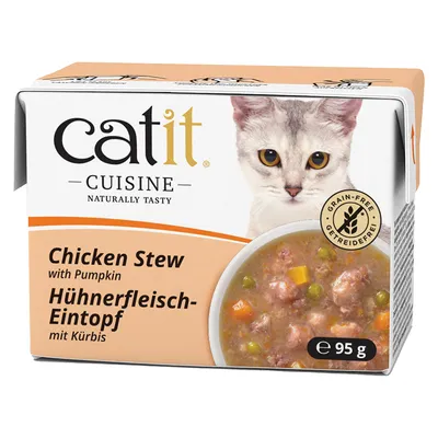Catit Cuisine estofado de pollo con calabaza, sin cereales, 95g. El envase muestra una imagen de un gato y un primer plano del estofado.
