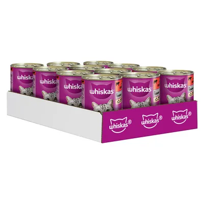 Whiskas mokra hrana za mačke v pločevinkah, multipakiranje s 12 kosi, vijolična embalaža z motivom mačke.