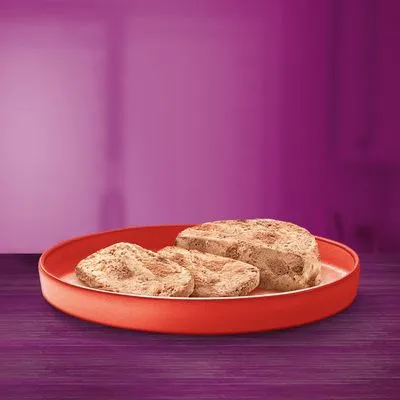 Twee porties natvoer in schijfvorm op een rood bord, zonder zichtbare merknaam of verpakking.