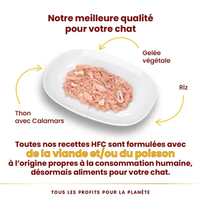 Thon avec calamars, gelée végétale et riz sur assiette. Texte : recettes HFC formulées avec viande et/ou poisson propres à la consommation humaine, désormais aliments pour chat.