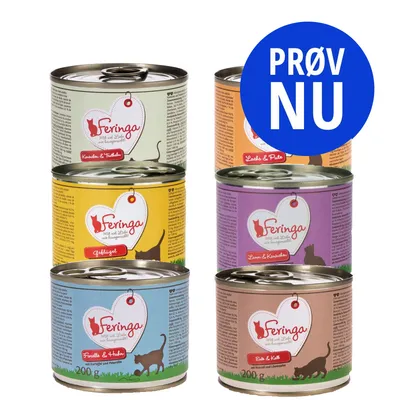 Feringa kattemad dåser 200 g i forskellige varianter. Synlig tekst: Feringa, Kanin & Fjerkræ, Fjerkræ, Laks & Pute, Lam & Kanin, Forelle & Huhn, Ente & Kalb. Blå cirkel: PRØV NU.