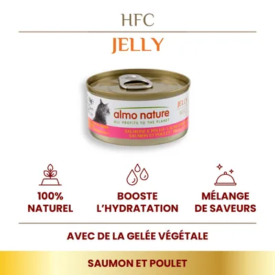 almo nature HFC Jelly, saumon et poulet, 100 % naturel, booste l’hydratation, mélange de saveurs, avec de la gelée végétale. Texte en italien et français visible sur l’emballage.