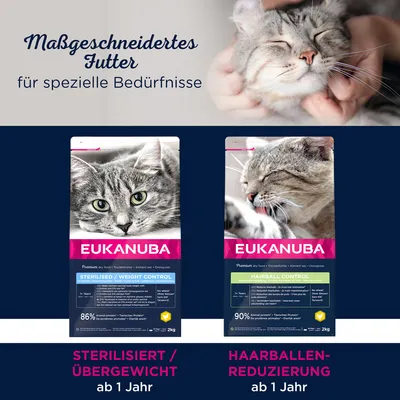 Eukanuba Katzenfutter für spezielle Bedürfnisse: Sterilisiert/Übergewicht ab 1 Jahr, Haarballen-Reduzierung ab 1 Jahr. Premium-Trockenfutter mit hohem tierischen Proteinanteil.