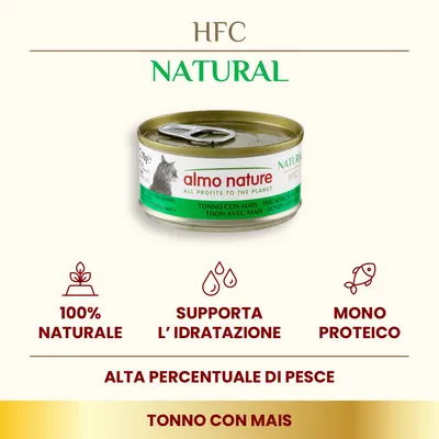 almo nature HFC Natural, tonno con mais. 100% naturale, supporta l’idratazione, monoproteico, alta percentuale di pesce. Tutti i profitti all’ambiente.
