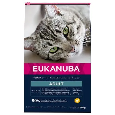 EUKANUBA Adult kattenvoer, 10 kg zak. Voor katten van 1–7 jaar. 90% dierlijk eiwit, zonder tarwe. Tekst: Premium dry food, compleet en uitgebalanceerd, droogvoer.