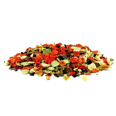 Colourful mix of dried vegetable flakes, including carrots, green leaves and other plant-based ingredients.