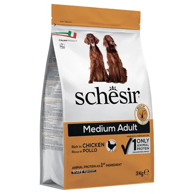 Schesir Medium Adult hrană pentru câini, bogată în pui, cu biotină, doar proteină animală ca ingredient, ușor digerabilă. Produs italian, pachet de 3kg.