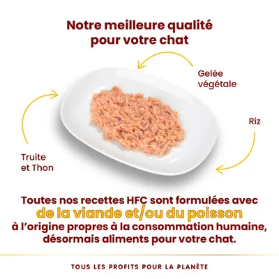 Assiette de nourriture pour chat avec truite et thon, gelée végétale et riz. Texte : Toutes nos recettes HFC sont formulées avec de la viande et/ou du poisson propres à la consommation humaine.