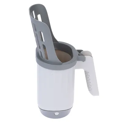 Soporte para vasos gris y blanco con asa e inserto integrado, apto para fijar en varias superficies.