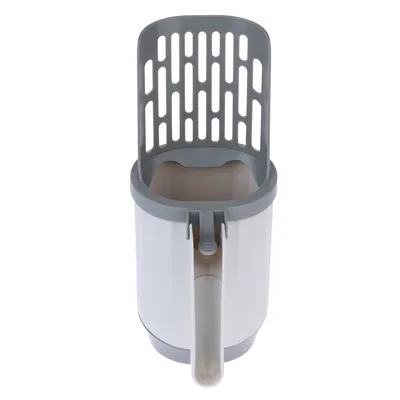 Contenedor gris y blanco con asa e inserto extraíble, apto para limpieza o almacenamiento.