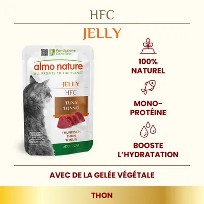 almo nature HFC Jelly Thon, aliment pour chat adulte, 100 % naturel, mono-protéine, booste l’hydratation, avec de la gelée végétale. Texte en anglais, allemand, néerlandais visible.