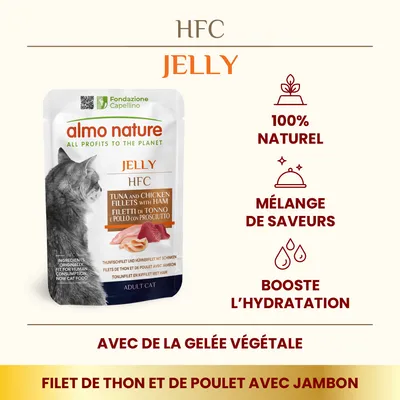 almo nature HFC Jelly pour chat adulte, filet de thon et de poulet avec jambon, 100 % naturel, mélange de saveurs, booste l’hydratation, avec gelée végétale. Texte en anglais et italien visible.