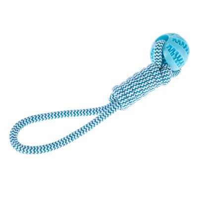 Juguete de cuerda azul y blanca con asa y una pelota azul con ranuras.