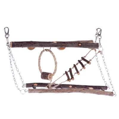 Hanging toy made of wood and rope with climbing ladder, ring and metal chains for attachment.