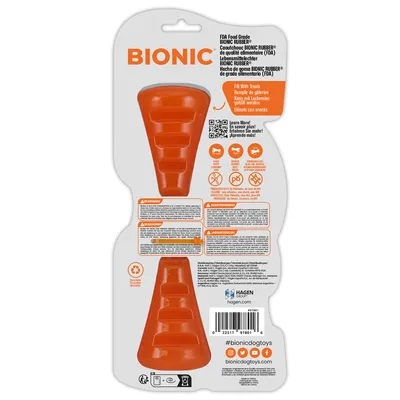 BIONIC hondenspeelgoed van voedselveilig Bionic Rubber. Kan gevuld worden met lekkernijen. Waarschuwingen en onderhoudsinstructies zichtbaar op de verpakking.