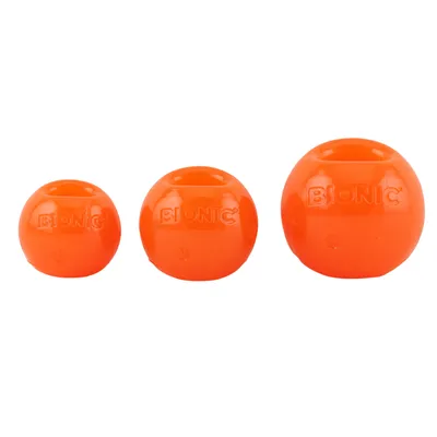Three orange balls from the Bionic brand in different sizes, with visible brand logo on each ball.