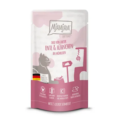 Mjamjam Quetschie Duo con anatra tenera e pollo con carote. Alta qualità tedesca, alto contenuto di carne, senza cereali, vitamine essenziali e sufficiente taurina.