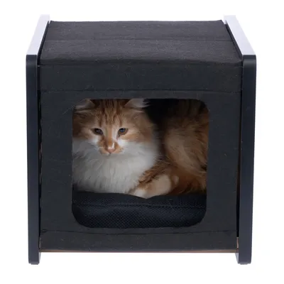 Cat cave made of black fabric with metal frame, inside an orange and white cat lying on a black cushion.