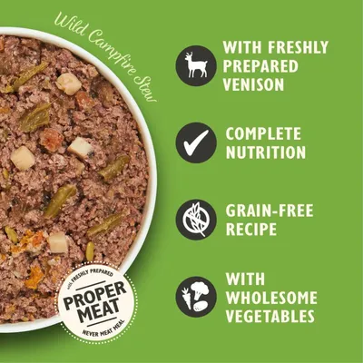 Wild Campfire Stew with freshly prepared venison, complete nutrition, grain-free recipe, and wholesome vegetables. Proper Meat, never meat meal.