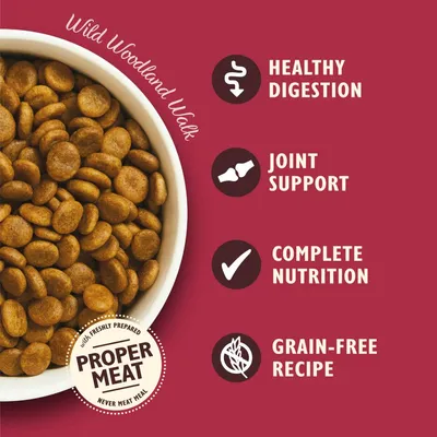 Wild Woodland Walk kibble with features: healthy digestion, joint support, complete nutrition, grain-free recipe, and made with freshly prepared proper meat, never meat meal.