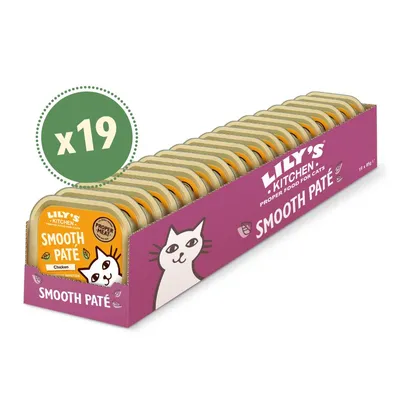 Pack of 19 trays labelled smooth paté chicken, displayed in a purple box with text showing proper food for cats and smooth paté.