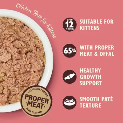 Chicken paté for kittens up to 12 months, contains 65% proper meat and offal, supports healthy growth, smooth paté texture, made with freshly prepared proper meat.