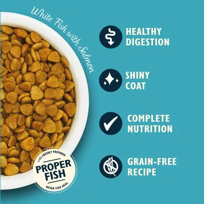 White Fish with Salmon dry food, highlights: healthy digestion, shiny coat, complete nutrition, grain-free recipe, made with freshly prepared proper fish, never fish meal.