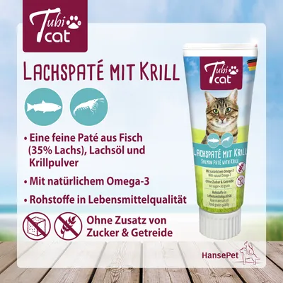 TubiCat Lachspaté mit Krill: Feine Paté aus Fisch (35% Lachs), Lachsöl und Krillpulver. Mit natürlichem Omega-3, Rohstoffe in Lebensmittelqualität, ohne Zucker & Getreide.