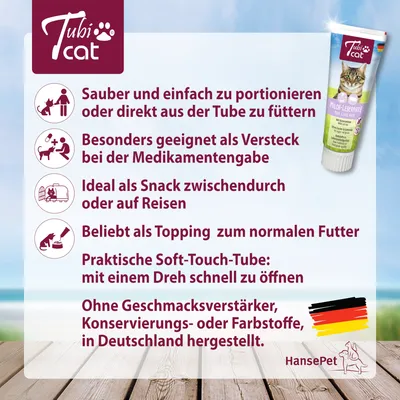 Tubi Cat, texte en allemand : snack pour chat en tube, facile à doser, sans exhausteurs de goût, conservateurs ni colorants, fabriqué en Allemagne. Marque HansePet.