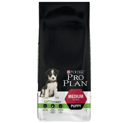 Sacchetto di crocchette Purina Pro Plan OptiStart Medium Puppy 10–25 kg, immagine di un cucciolo sulla confezione, testo visibile: 'PUPPY', 'MEDIUM 10–25kg'.