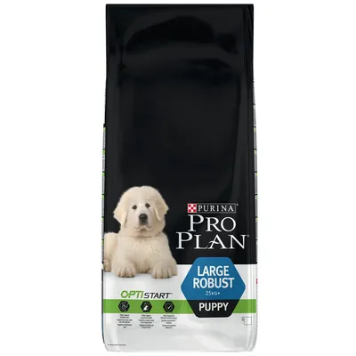 Sacchetto di crocchette Purina Pro Plan Large Robust Puppy 25 kg+, scritte visibili: OPTISTART, immagine di un cucciolo chiaro sulla confezione.
