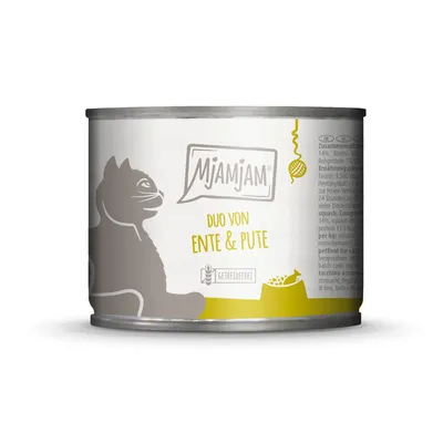 Mjamjam Nassfutter Duo von Ente & Pute, getreidefrei. Abbildung einer Katze und Futterschale auf der Dose.