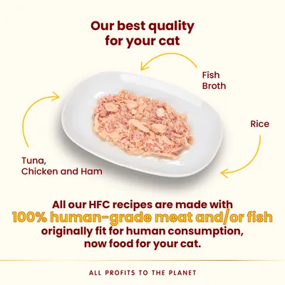 Plate of cat food with text: Tuna, Chicken and Ham; Fish Broth; Rice. All our HFC recipes are made with 100% human-grade meat and/or fish originally fit for human consumption, now food for your cat.