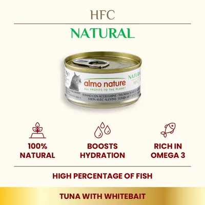 almo nature HFC Natural tuna with whitebait, 100% natural, boosts hydration, rich in omega 3, high percentage of fish, all profits to the planet