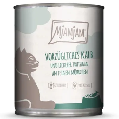 Mjamjam. Vorzügliches Kalb und leckerer Truthahn an feinen Möhrchen. Getreidefrei, viel Fleisch. Tekst in het Duits.