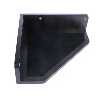 Hoekrek van donker hout met zwart oppervlak en twee bevestigingsgaten voor wandmontage.