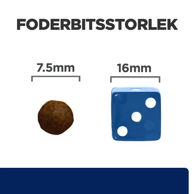 Foderbitsstorlek: foderbit 7,5 mm bred jämförd med en tärning på 16 mm. Texten 'FODERBITSSTORLEK' visas överst.
