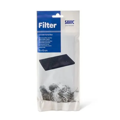 Savic Filter voor kattentoilet, verpakking met zwarte filtermat. Tekst: 'Filter', 'cat toilet home filter', afmeting 15×10 cm zichtbaar op de verpakking.