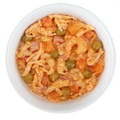 Bol de nourriture humide pour animaux avec morceaux de viande, carottes et petits pois visibles dans une sauce. Présentation du produit prêt à servir.