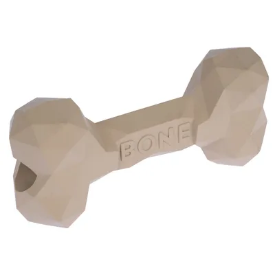 Béžová hračka pro psy ve tvaru kosti s geometrickými vzory a nápisem 'BONE'.