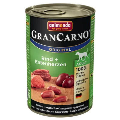 Konzerva Animonda GranCarno Original Rind + Entenherzen, 400 g. Text: ADULT, 100 % frische Zutaten, getreidefrei, glutenfrei, Made in Germany. Obrázok hovädzieho a kačacieho srdca.