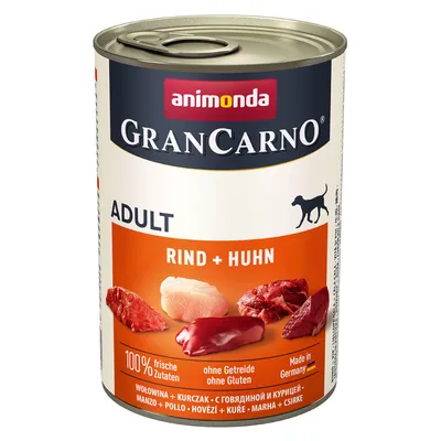 Animonda GranCarno Adult говеждо + пиле, 100% пресни съставки, без зърнени храни, без глутен, произведено в Германия.