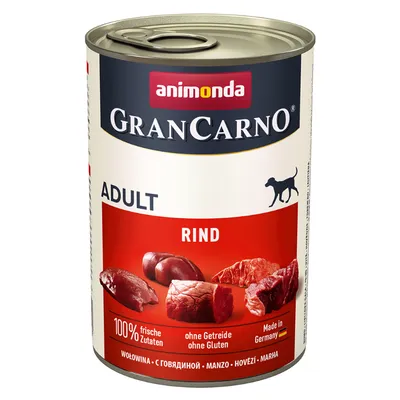 Animonda GranCarno Adult говеждо, 100% пресни съставки, без зърнени храни и глутен, Made in Germany. Кутия с червен дизайн и изображения на месо.