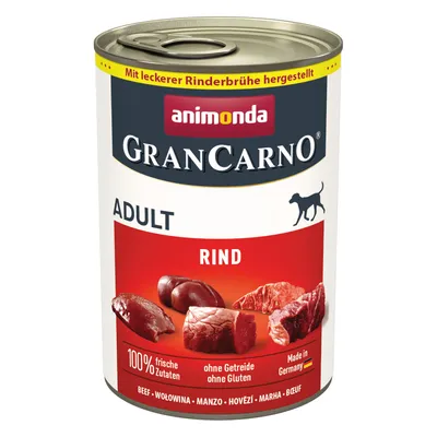 Animonda GranCarno Adult Beef, made with tasty beef broth, 100% fresh ingredients, grain and gluten free, Made in Germany.