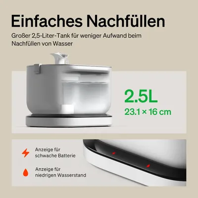 Reumplere ușoară: rezervor mare de 2,5 litri, dimensiuni 23,1 × 16 cm. Indicator pentru baterie slabă și nivel scăzut de apă.