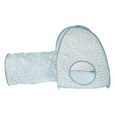 Tunnel et tente pour animaux en tissu blanc à motifs feuilles vertes, entrée ronde visible sur la tente, structure souple.