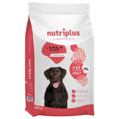 Nutriplus Lamb & Rice Premium, für Erwachsene Hunde ab 12 Monaten, 15kg, frei von GVO, hohe Protein- und organische Materie, leicht verdaulich, geeignet für alle Rassen.