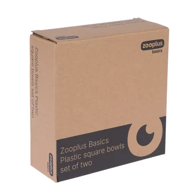 Zooplus Basics packaging with the label 'Plastic square bowls set of two'.
