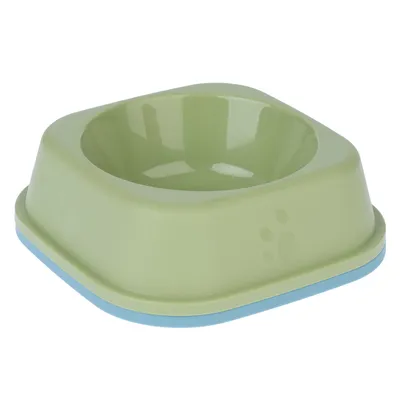 Green plastic food bowl with blue base and paw print motif on the side.